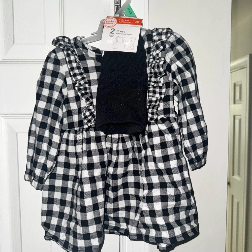 WonderNation 6-9Months Cotton Plaid Dress with tight Outfit 2 Piece Set NWT